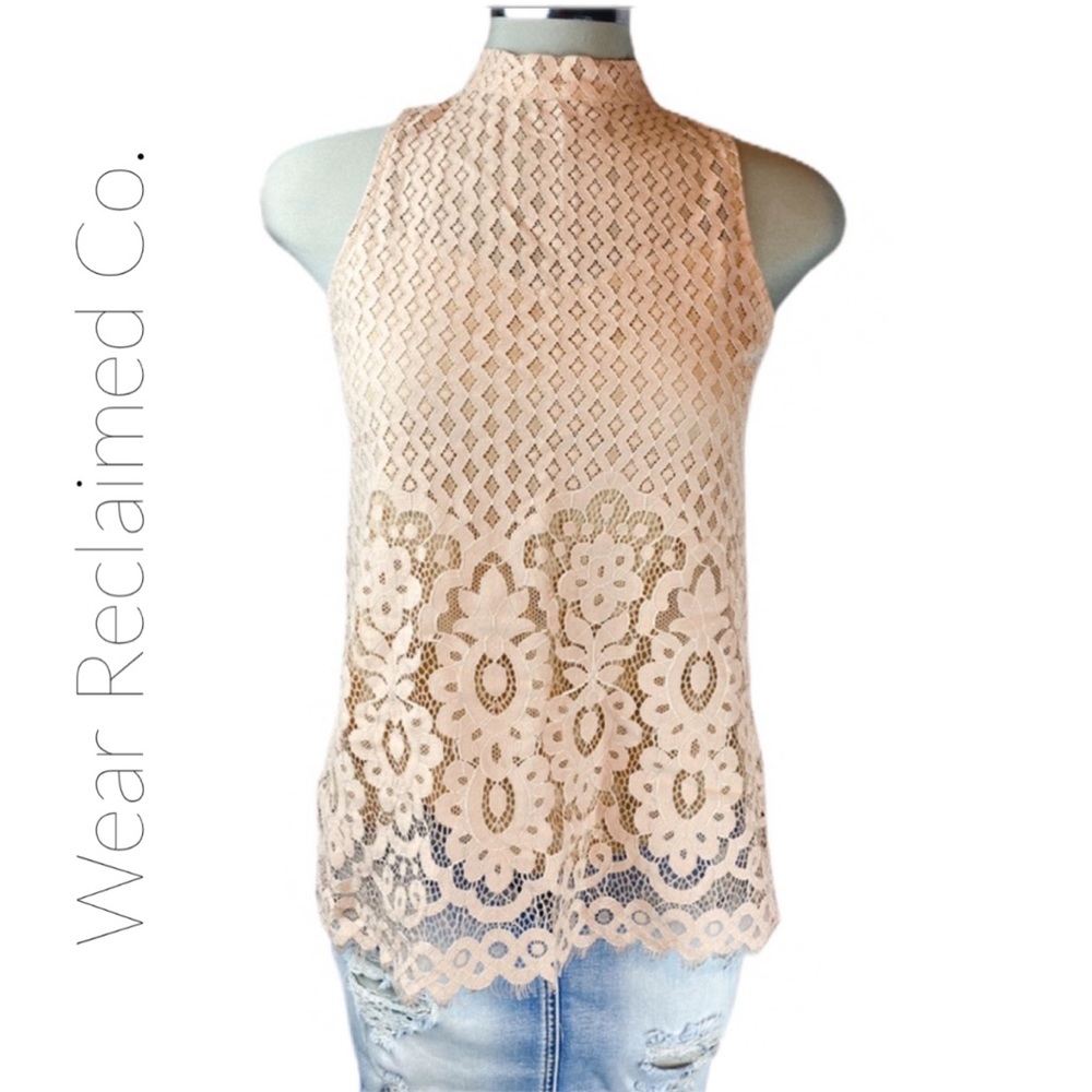 LOVE, FIRE Pink Mock Neck Lace Tank Top